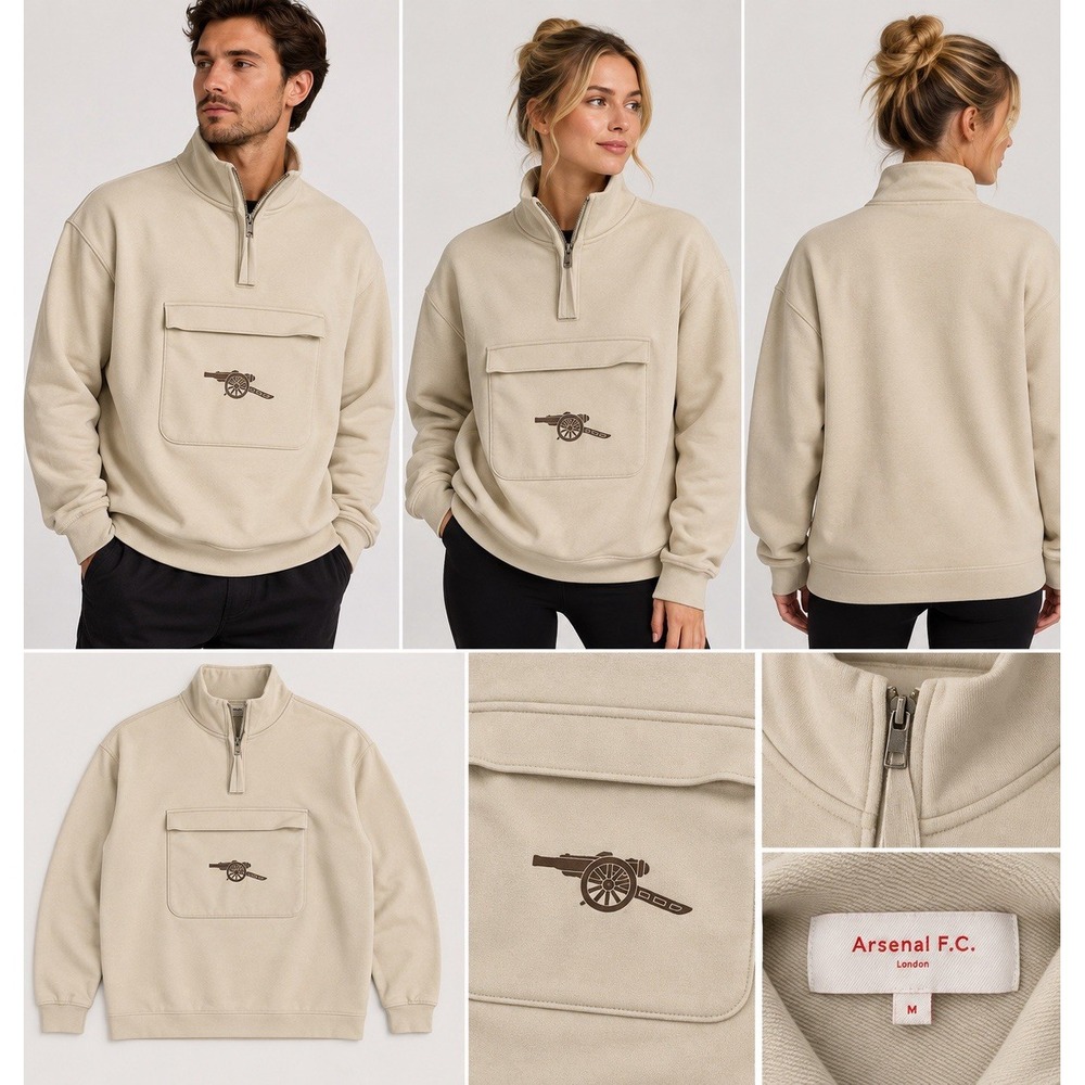 Arsenal FC Cannon Quarter Zip Pullover Unisex M Beige London Soccer Preppy
